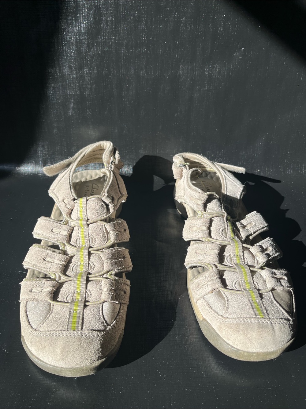Clarks Women’s Beige Suede Sport Sandals with Neon Accent